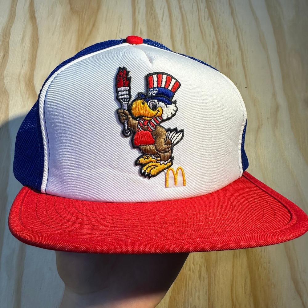 Vintage 1984 McDonalds Sam the Olympic Eagle Trucker Hat LA Games Red White Blue